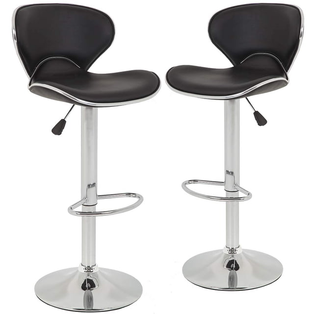 Bar Stools Counter Height Adjustable Bar Chairs With Back Barstools Set of 2 PU Leather Swivel Bar Stool Kitchen Counter Stools Dining Chairs. A set of two black bar stools with PU leather seats, ergonomic backrests, and U-shaped armrests. Each stool includes a polished chrome base with a footrest, a 360° swivel seat, and adjustable height using a gas rod. Ideal for kitchens, dining spaces, bars, or offices. Easy to clean and assemble.