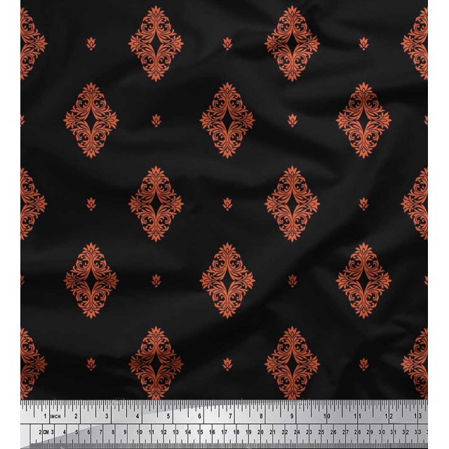 Soimoi polyester Crepe Fabric Filigree Damask Print Fabric by Yard 52 Inch Wide