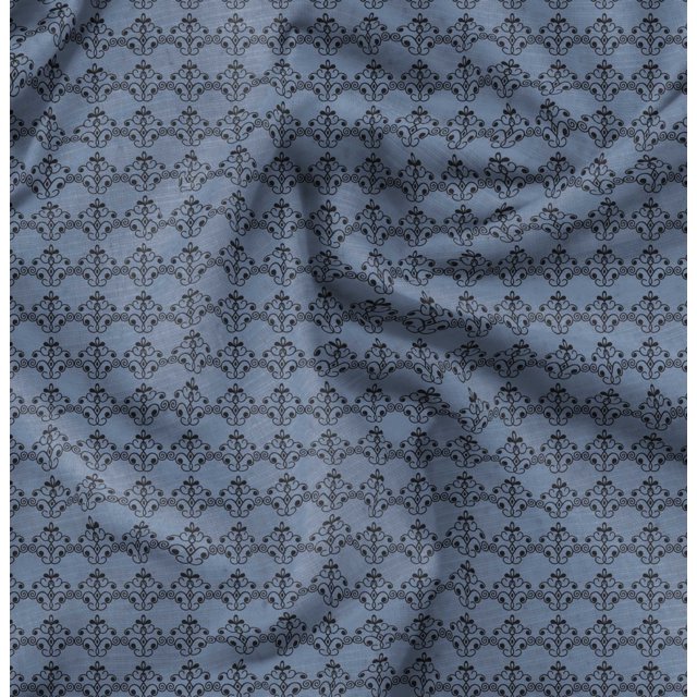 Soimoi Blue polyester Crepe Fabric Fleur_de_lis Damask Printed Fabric 1 Yard 42 Inch Wide