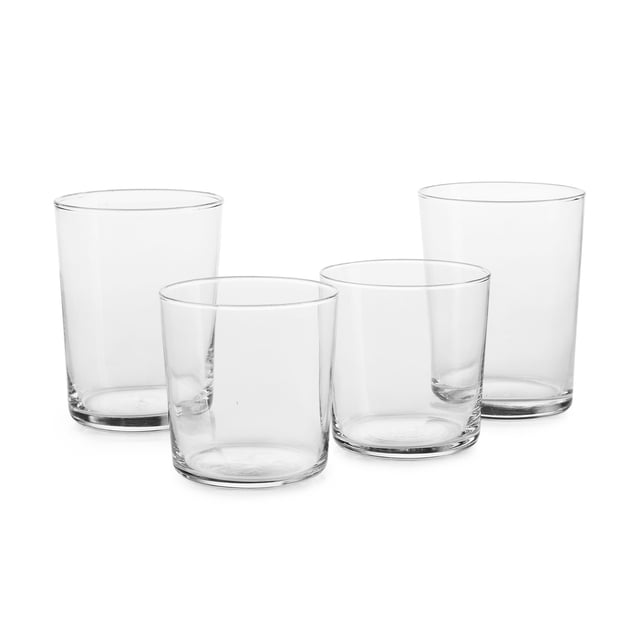 Libbey Enzo Mixed Glassware Set, 12 Piece — six 13.25 oz double old fashioned and six 19 oz cooler glasses shown in a front-clustered view; thin-walled clear Iberian-inspired silhouettes with clean lines and subtle curves, ideal for cocktails or everyday drinks and also suitable for small desserts.