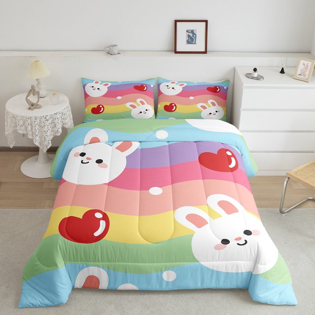 YST Cute Rabbit Comforter Rainbow Bedding for Girls Cute Bunnies Bedding Sets & Collections Colorful Striped Down Comforter Full Red Hearts Quilt,Cartoon Animals Decor Kids Bedroom Decor 3pcs
