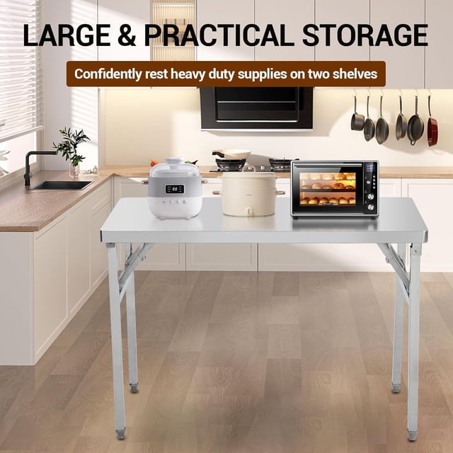 Kojooin Commercial Stainless Workstation, Folding Table with Adjustable Metal Foot