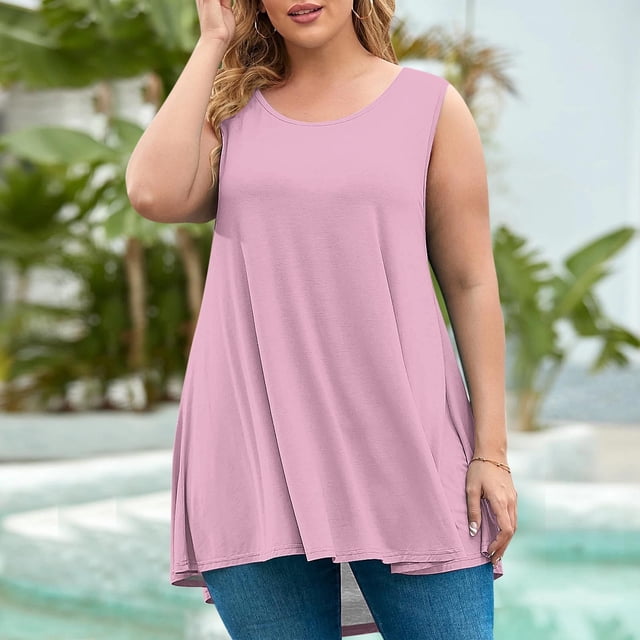 AherBiu Débardeurs d'Été Grande Taille pour Femmes Coupe Ample Col Rond Sans Manches Ourlet Fluide Mode Basique T-Shirt
