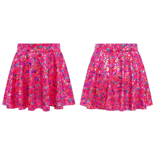 TiaoBug Girls Flared Pleated A-Line Skirts Shiny Metallic Dance Performance Costume Cheerleading Uniform Hot Pink XS