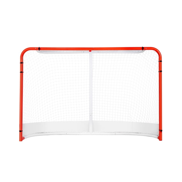 KFFKFF Street Hockey Goal with a durable steel frame, designed for indoor and outdoor use. The goal measures 72 inches by 48 inches and features a red frame with a white reinforced net. It includes a professional-style top shelf and back support brace for added stability. The 1.5-inch thick steel pipes are coated with rust-resistant powder for long-lasting durability. Suitable for standard pro training and recreational street hockey games.