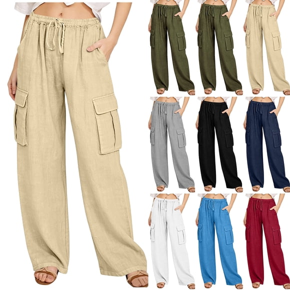 YFNNUP Women Wide Leg Pants Straight Leg Lounge Trouser Elastic Waist Breathable Pant Casual Drawstring Vacation Trousers Khaki XXL