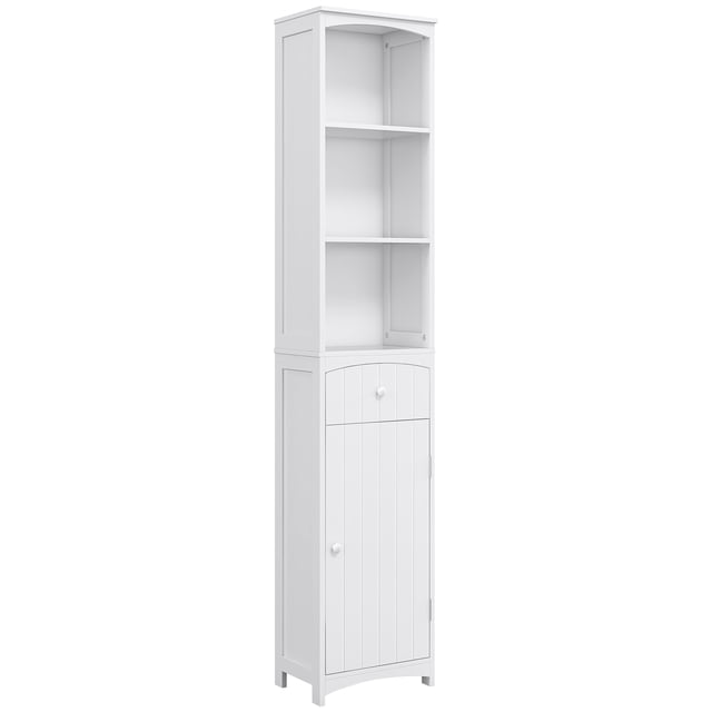HOMCOM Armoire de Rangement pour Salle de Bain, Grande Tour à Linge avec Étagères et Tiroir. Cette Armoire Blanche en MDF Comprend Trois Étagères Ouvertes, un Tiroir Central et une Armoire Inférieure avec Deux Étagères Intérieures. Sa Conception Mince, Mesurant 13,4 Pouces de Large, 9,4 Pouces de Profondeur et 66,9 Pouces de Hauteur, Est Idéale pour les Espaces Compacts. les Pieds Surélevés Protégent contre l'Humidité, et le style Moderne Complète Diverses Étagères de Salle de Bain.