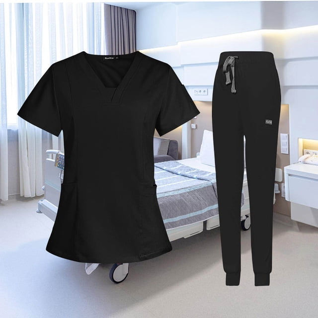 facefd Female Scrub Set Nurse v neckline Machine Washable Short Sleeves Suit M Black