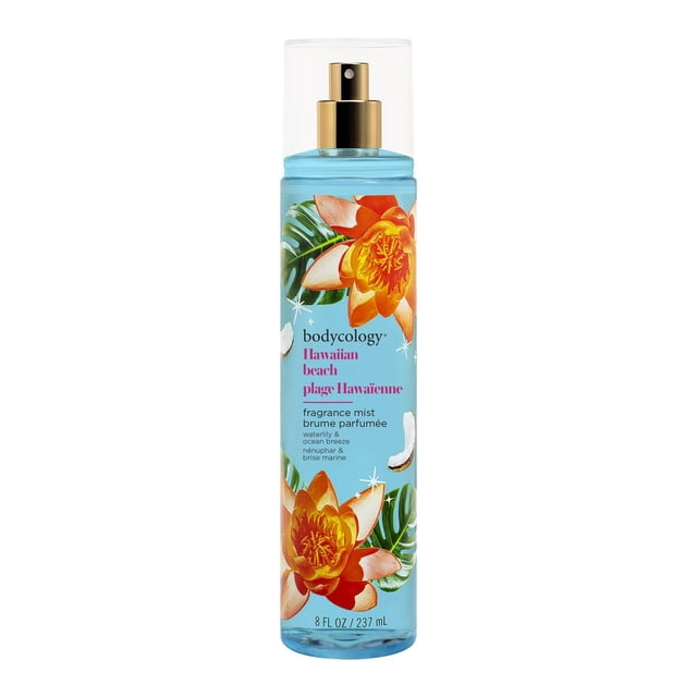 Bodycology Hawaiian Beach Fragrance Mist in a clear blue 237 ml spray bottle with gold nozzle and transparent cap, decorated with orange tropical flowers and green leaves, scented with waterlily and ocean breeze, suitable for refreshing body spray use.