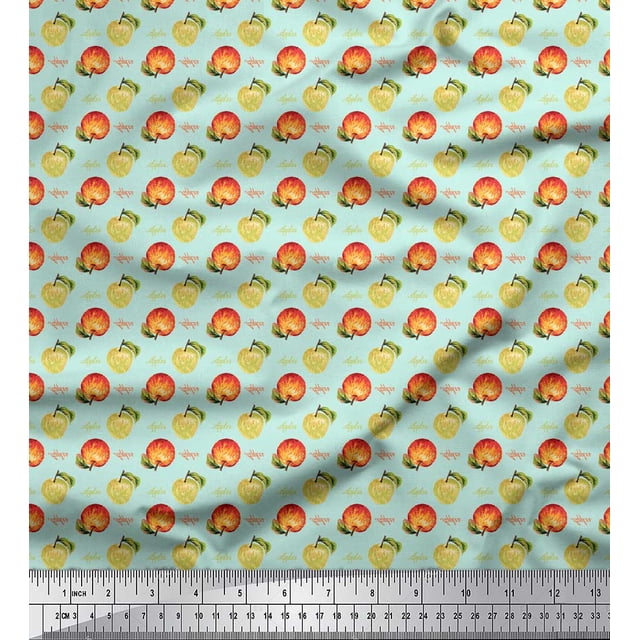 Soimoi Green Silk Fabric Text & Fruits Printed Fabric 1 Yard 42 Inch Wide