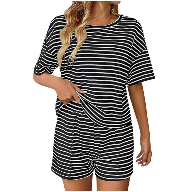 Striped 2 Piece Sweater Set for Womens Summer Short Sleeve Tops Loose Matching Shorts Lounge Sets Tracksuit