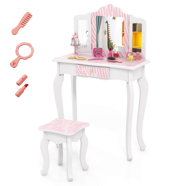 Costway Kids Vanity Set Toddler Makeup Table & Stool with Tri-folding Mirror Drawer Light Pink&White