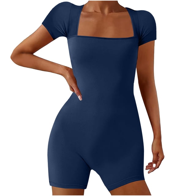 AherBiu Yoga Bodysuits for Women Square Neck Short Sleeve Slim Stretchy Workout Short Jumpsuits Rompers