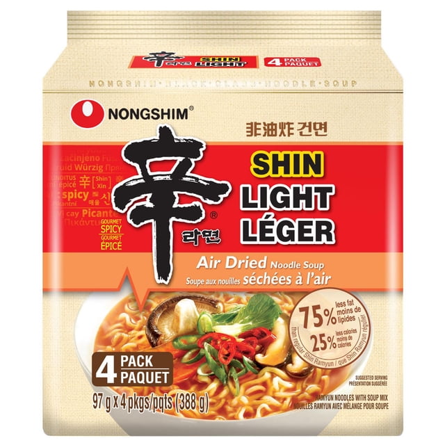 Nongshim Shin Ramyun Light 4-pack air dried noodle soup package with 75% less fat and 25% fewer calories than original, showing a beige and red design with Korean and English text and a bowl of spicy ramen with mushrooms, green onions, and red chili peppers, ideal for a lighter, quick meal.