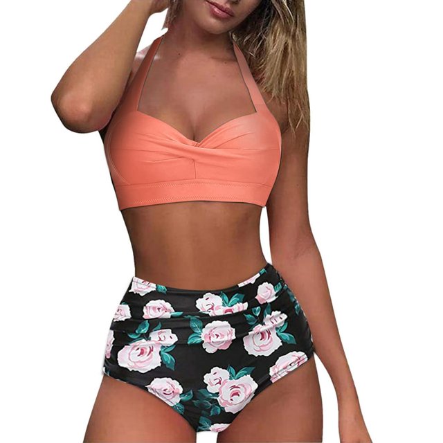 New Years 2022 Women Vintage Swimsuit Two Piece Retro Halter Ruched High Waist Print Bikini Set