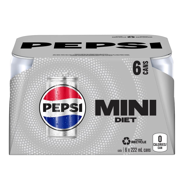 Pepsi Diet Cola 6 x 222mL mini cans pack with six silver cans featuring the red, white, and blue Pepsi logo on a grey dotted background, zero calories per can, offering a crisp, refreshing diet soft drink ideal for sharing and portion control.