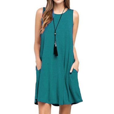 Women's Fashion Summer Sexy O-Neck Sleeveless Pocket Tank Dress Loose Solid Color Cotton Hem Dress
