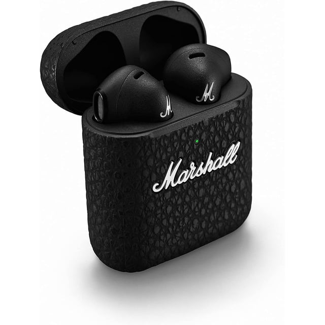 Refurbished (Good) Marshall Minor III In-Ear True Wireless Earbuds in black, shown with the charging case open. The earbuds feature a sleek, touch-sensitive design with the iconic Marshall logo. Includes Bluetooth 5.2 connectivity with a 10-metre range, custom-tuned 12mm drivers for rich sound, and an automatic pause/play feature. The rechargeable lithium-ion batteries provide up to 25 hours of total playtime with the case, which supports wireless and USB-C charging. Accessories include a USB-C charging cable. Original packaging not included.