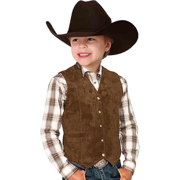 Retro Boys Cowboy Vest Suede Leather Costume Style V Neck Casual Western Vest Vintage Waist Coat Brown 120/5 Y—6 Y