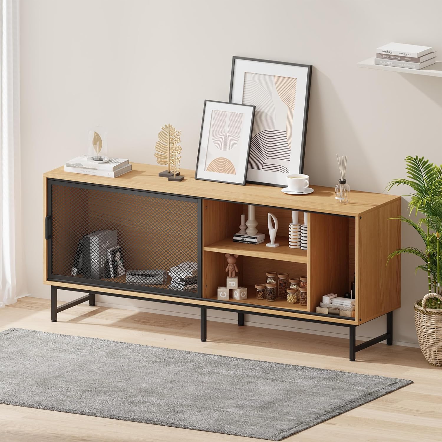 TV Console Table with Metal Net Sliding Door, Up to 65" TVs, TV Stand with Storage & Metal Legs, Industrial TV Stands for Living Room Bedroom