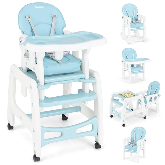 OLAKIDS 5 in 1 Baby High Chair in a light blue and white design, featuring a convertible setup for use as a high chair, rocking chair, toddler chair, or table and chair set. The high chair includes a 3-position adjustable seat back, detachable double trays with cup holders, and a 5-point safety harness. Made from durable PP and PE materials, it has lockable universal wheels for easy mobility. Suitable for children aged 6 months to 8 years, with a maximum weight capacity of 50 lbs.