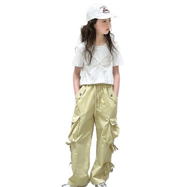 Girls Cargo Pants Casual Loose Fit Elastic Waist Pocket Outdoor School Joggers For Teen Girls Kids Comfortable Stylish Trendy
