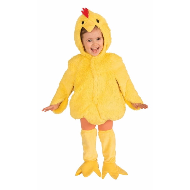 Rubies Yellow Plush Chick Costume for Kids, Unisex Small, featuring a soft yellow plush hooded jumpsuit with a red comb and black eyes on the hood, paired with yellow plush boot tops shaped like chicken feet, suitable for Halloween or farm animal dress-up.