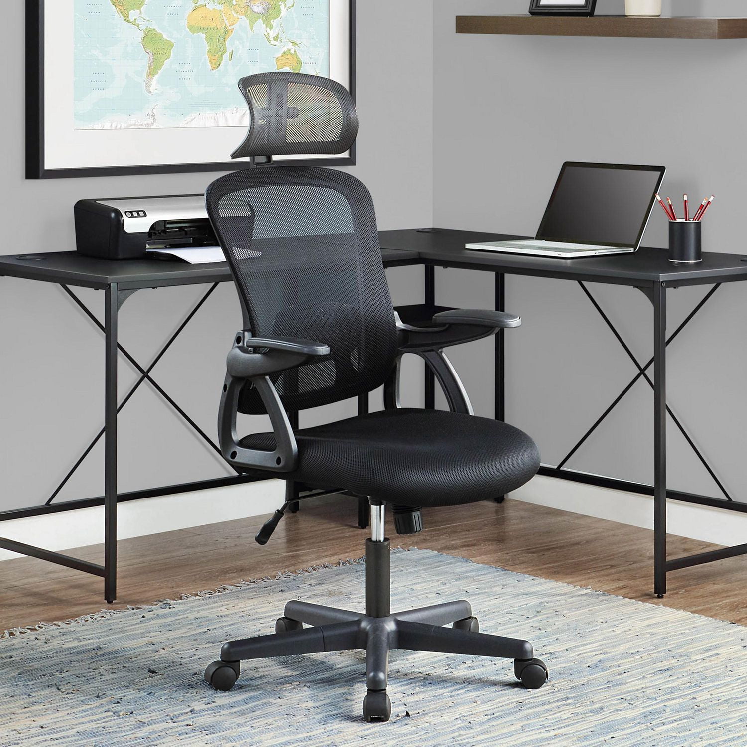 Mainstays Ergonomic Office Chair with Adjustable Headrest, Black Fabric, 275 lb capacity
