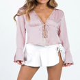 thumbnail image 2 of PENGXIANG Blouses en Satin à Lacets pour Femmes avec Col en V et Manches Longues, 2 of 5