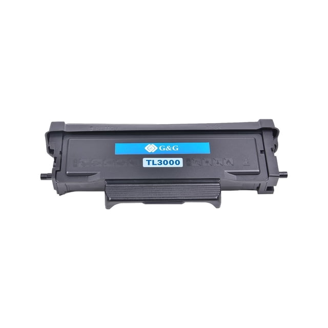 G&G TL3000 Black Toner Cartridge, High Yield, shown front-facing with a black rectangular plastic body and blue label displaying the G&G logo and TL3000 model. Designed for monochrome laser printers, it offers a 3000-page yield and consistent print quality, featuring a textured grip and set against a white background.