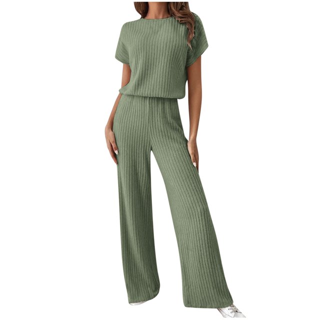 FAIWAD Ensemble 2 Pcs pour Femmes en Tricot Côtelé, Décontracté, Col Ras du Cou, Manches Courtes, Hauts et Pantalon à Jambe Grand, Survêtement