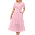 thumbnail image 2 of WRKEKC Robe Maxi à Manches Courtes en Dentelle Ajourée à Col en V pour Femme avec Ourlet Plissé Robe d'Été Bohème, 2 of 6