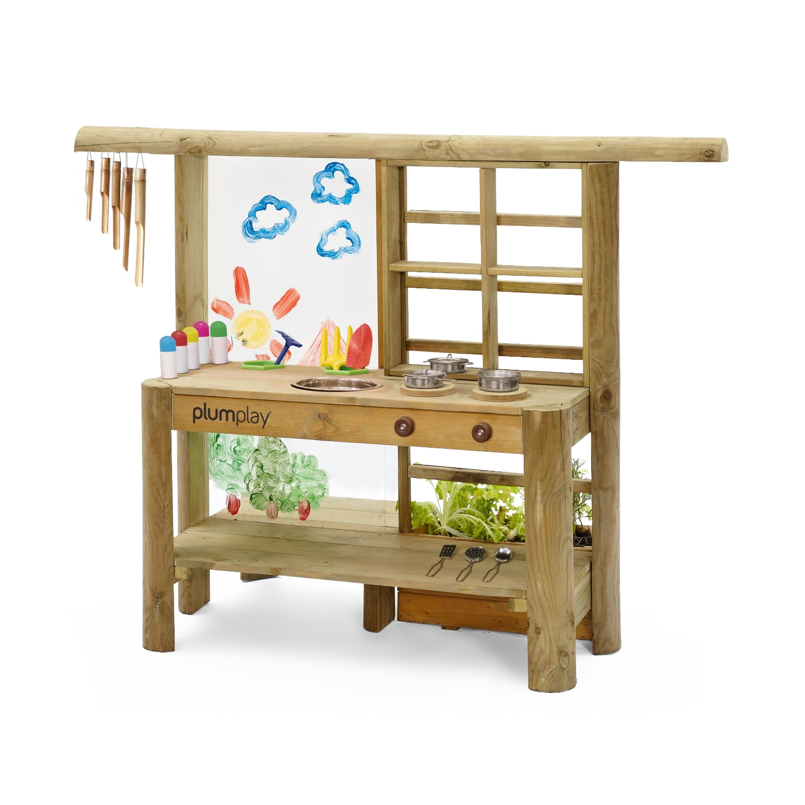 Plum Discovery Mud Pie Kitchen, STEAM Learning mud kitchen, outdoor play,painting screen, built in planter & trellis, wood chimes, pots, cooking accessories and paint pens included, kids 3+