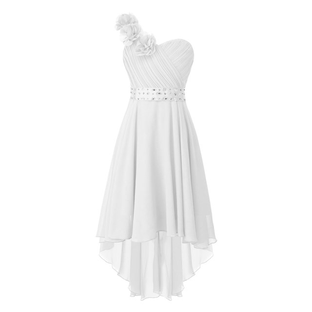 RUNQHUI Robe à une Épaule pour Enfants Filles en Mousseline Demoiselle d'Honneur Robe Asymétrique Formelle Bal Fête Robes Blanc 10