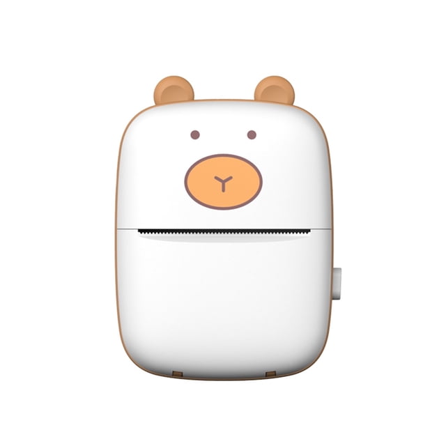 Portable Mini Thermal Printer Wirelessly BT 203dpi with a bear-themed design. Features a 48mm print width, Bluetooth 4.0 dual mode, and USB charging. Compact size of 13.5x9.7x4.65cm and lightweight at 365g. Suitable for printing labels, memos, photos, and study notes. Includes a 1000mAh lithium battery for continuous use.