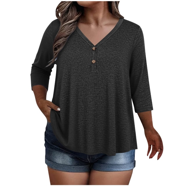 KyCheLot Women's V Neck Tops Fall Button Plus Size 3/4 Length Sleeve Solid Color Clothes Comfy Loose Hiking Tops