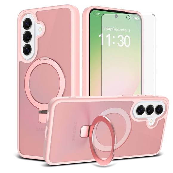 Asuwish Étui de Téléphone pour Samsung Galaxy A57 5G Protecteur d'Écran en Verre Trempé Support Pliant Magnétique Givré Translucide Robuste Antichoc Étui de Protection Cellulaire A 57 57A LTE Femmes Hommes Rose