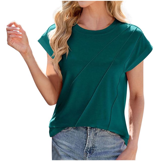 Plebaso Hauts à Manches Courtes pour Femmes, T-Shirts Décontractés d'Été à Col Rond, Couleur Unie, Tee-Shirt Basique Ample