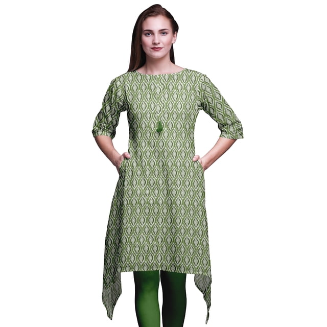 Bimba Green Ogee Ikat Printed Asymmetrical Kurti Tops For Women Indian Summer Dress Tunic X-Large