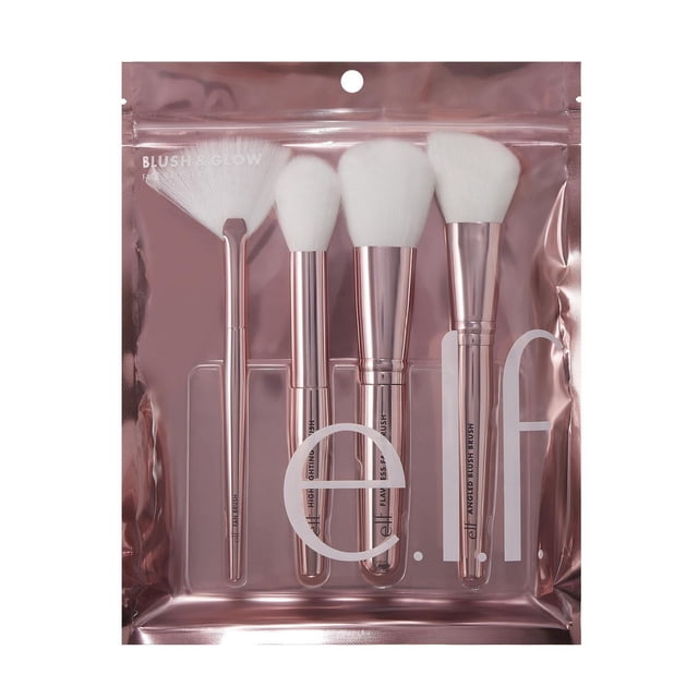 e.l.f. cosmetics Blush & Glow Brush Kit containing four face brushes with white synthetic bristles and rose gold handles, including fan, highlighter, flawless face, and angled blush brushes in a rose gold resealable pouch, designed for precise application of blush and highlighter and suitable for detailed makeup blending.