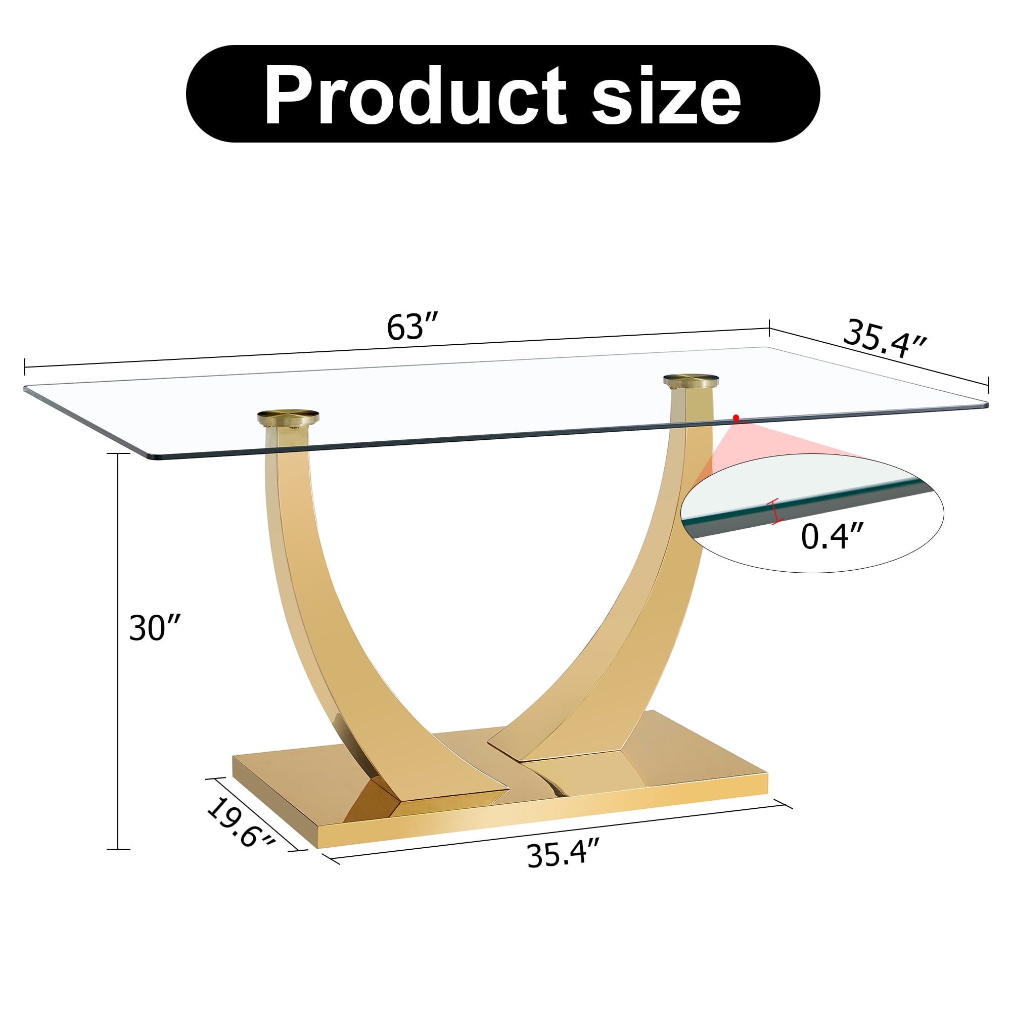 Noble House 63" Modern Rectangular Glass Dining Table,Tempered Glass Top,Gold