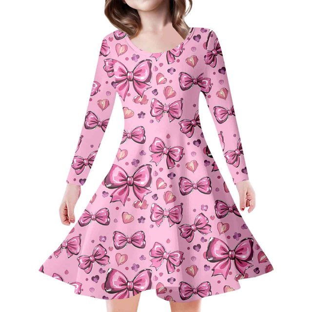 PMVFHDE Robe à Imprimé Floral pour Filles Robe de Fête Imprimée pour Enfants et Filles, Rose, 6-7 Ans