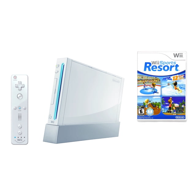 Comme Neuf! Console Wii Blanche avec Wii Sports Resort, Présentant une Console Nintendo Wii Blanche Élégante, une Télécommande Wii avec Commandes de Mouvement et la Coque de Jeu Wii Sports Resort. la Console s'Affiche Verticalement sur un Support, la Télécommande Positionnée à Gauche et la Coque de Jeu à Droite, Mettant en Valeur des Graphiques Vibrants à Thème Sportif.