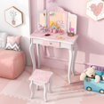 thumbnail image 2 of Costway Kids Vanity Set Toddler Makeup Table & Stool with Tri-folding Mirror Drawer Light Pink&White, 2 of 10