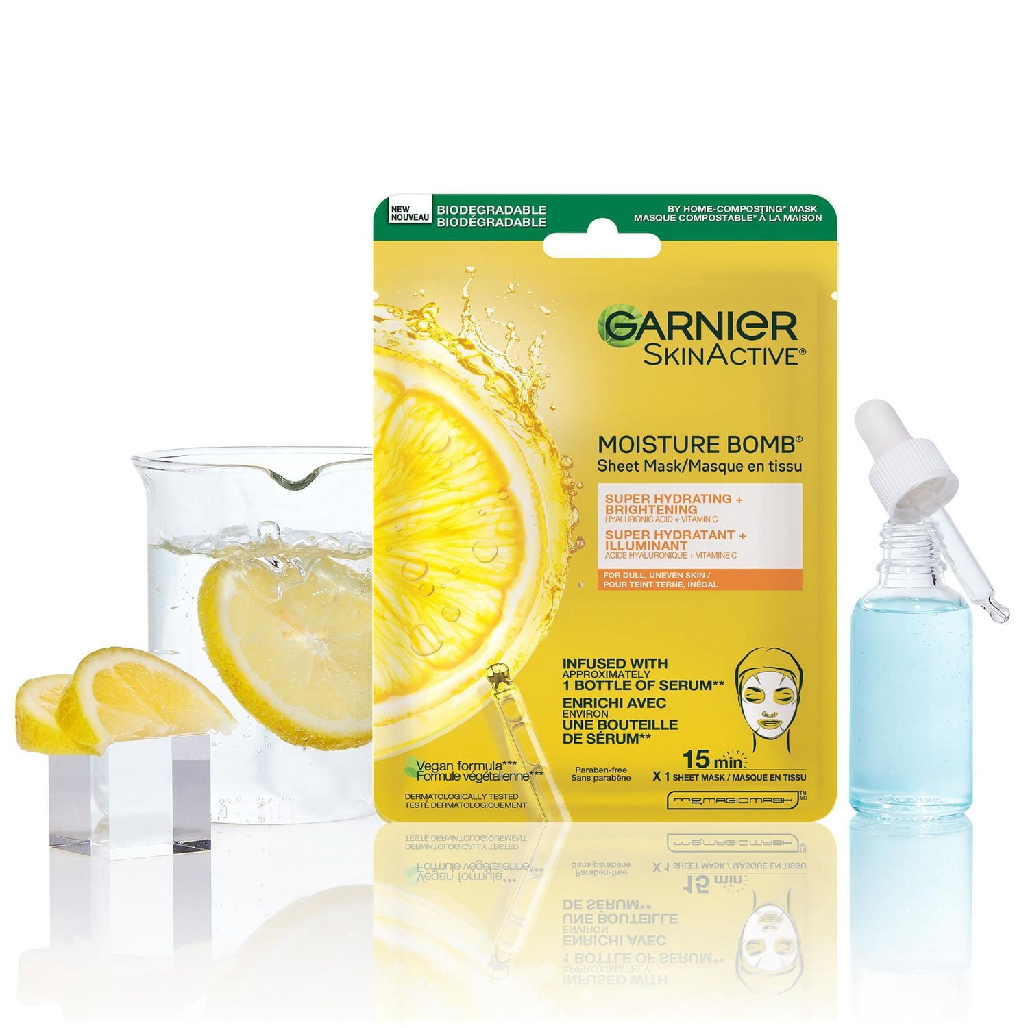 Masque visage Garnier, soins de la peau éclaircissants et hydratants, acide hyaluronique + vitamine C, pour peau terne et inégale, 1 masque en tissu, 28 g
