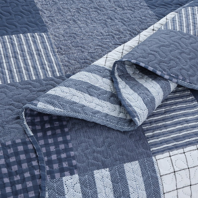 Marina Decoration Rich Printed Embossed Pinsonic Coverlet Bedspread Ultra Soft Home Bedding 2 Piece Summer Quilt Set with 1 Sham, Navy White Plaid Pattern Twin/Single