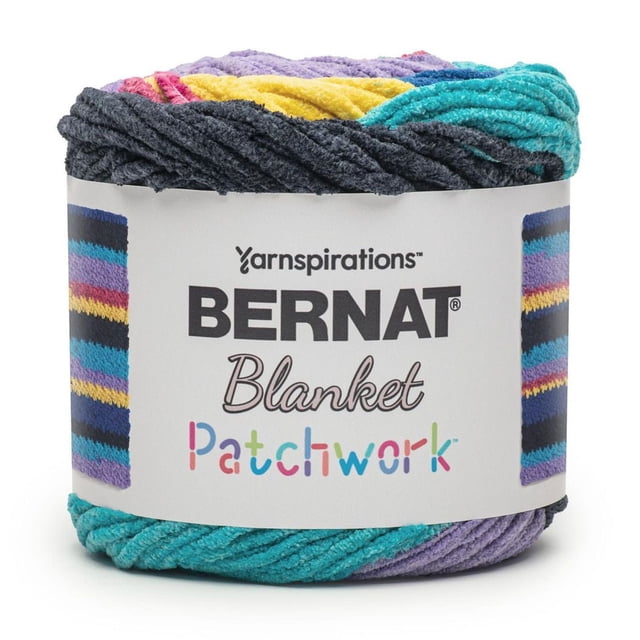 Bernat® Blanket Patchwork™ #6 Super Bulky Polyester Yarn in multicolored chenille with teal, purple, yellow, pink, and charcoal stripes, wrapped in a white label with Bernat branding, ideal for knitting and crochet home decor projects.