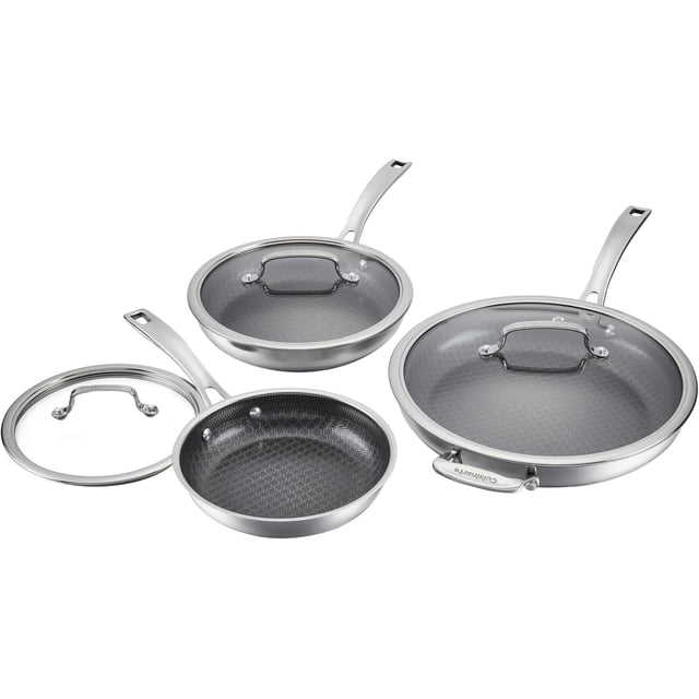 Cuisinart FusionPlus™ 6pc Skillet Set with 8”, 10”, and 12” stainless steel skillets featuring ceramic nonstick patterned interiors, riveted cool grip handles, aluminum-encapsulated bases for even heat, and matching glass lids, suitable for all stovetops including induction.