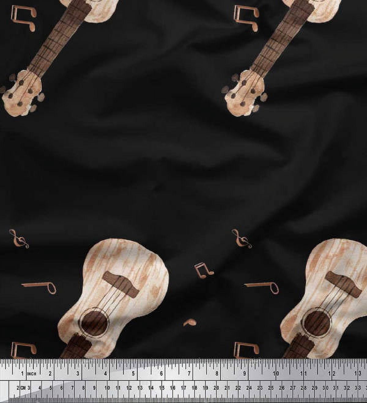 Soimoi Silk Fabric Notes & Guitar Musical Instrument Print Fabric by The Yard 42 Inch Wide