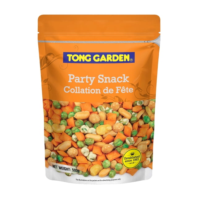 Tong Garden Party Snack 500g resealable orange bag containing a crunchy Asian snack mix of coated peanuts, cashews, crispy green peas, broad beans, and chickpeas seasoned with a complex savory blend of garlic, onion, and chili, suitable for parties or casual snacking.